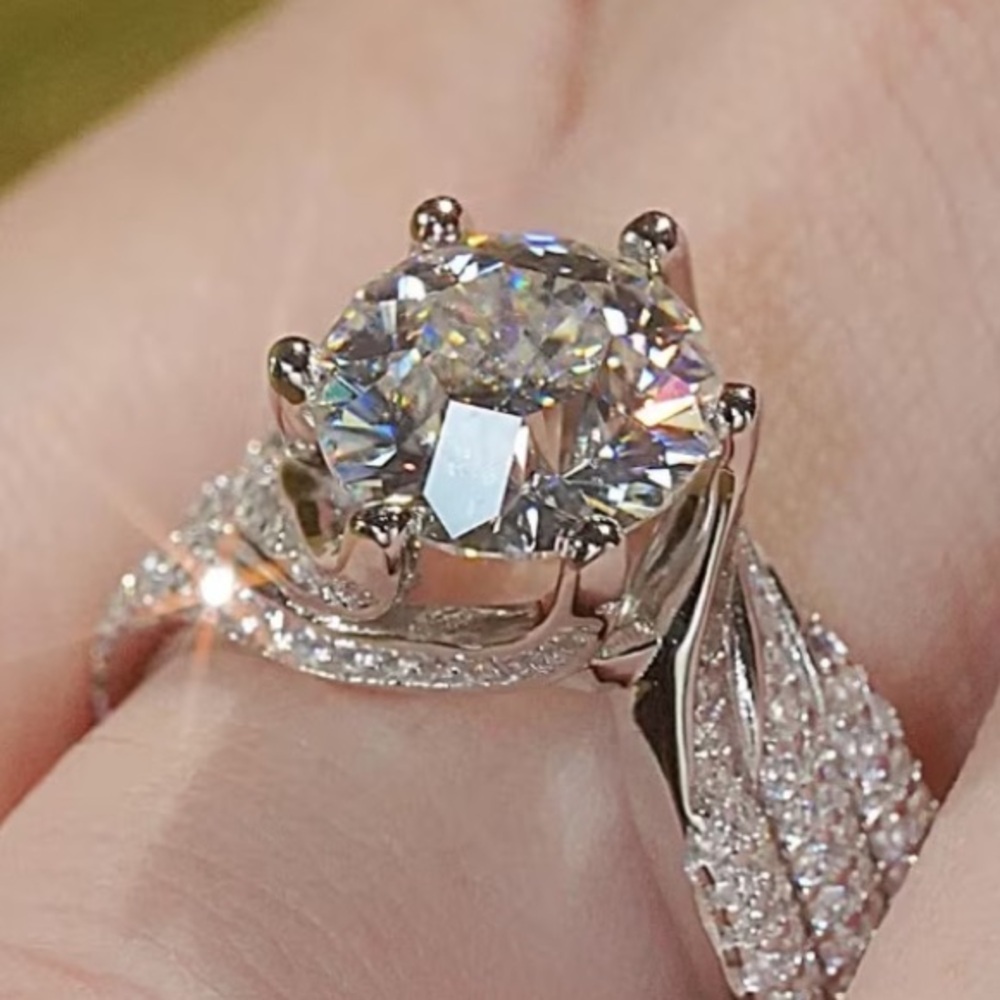 3 CTs Silver Solitaire Ring with Pavé Band - White Gold & Moissanite